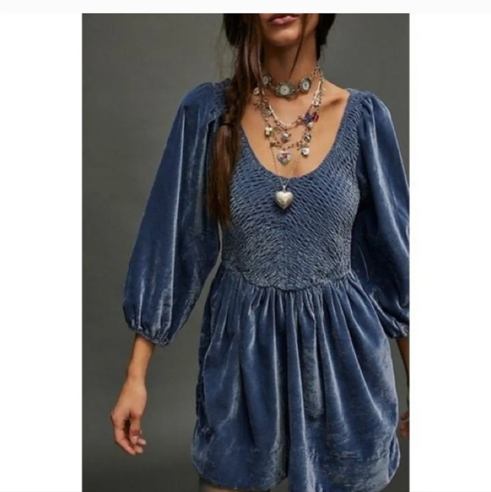 NWT Free People Farrier Velvet mini dress harbor blue Color Size L - Picture 2 of 7